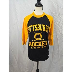 Pittsburgh Hockey Lemieux 66 5 Time World Champs Raglan T Shirt Womens Small